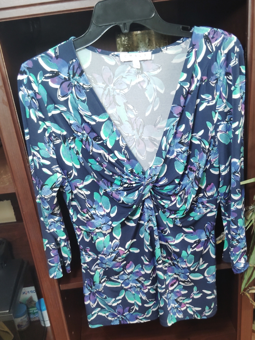 Chaus Navy Floral Twist-Front Long Sleeve Top